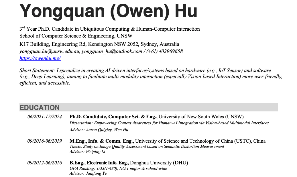 Yongquan Hu's Resume on Print