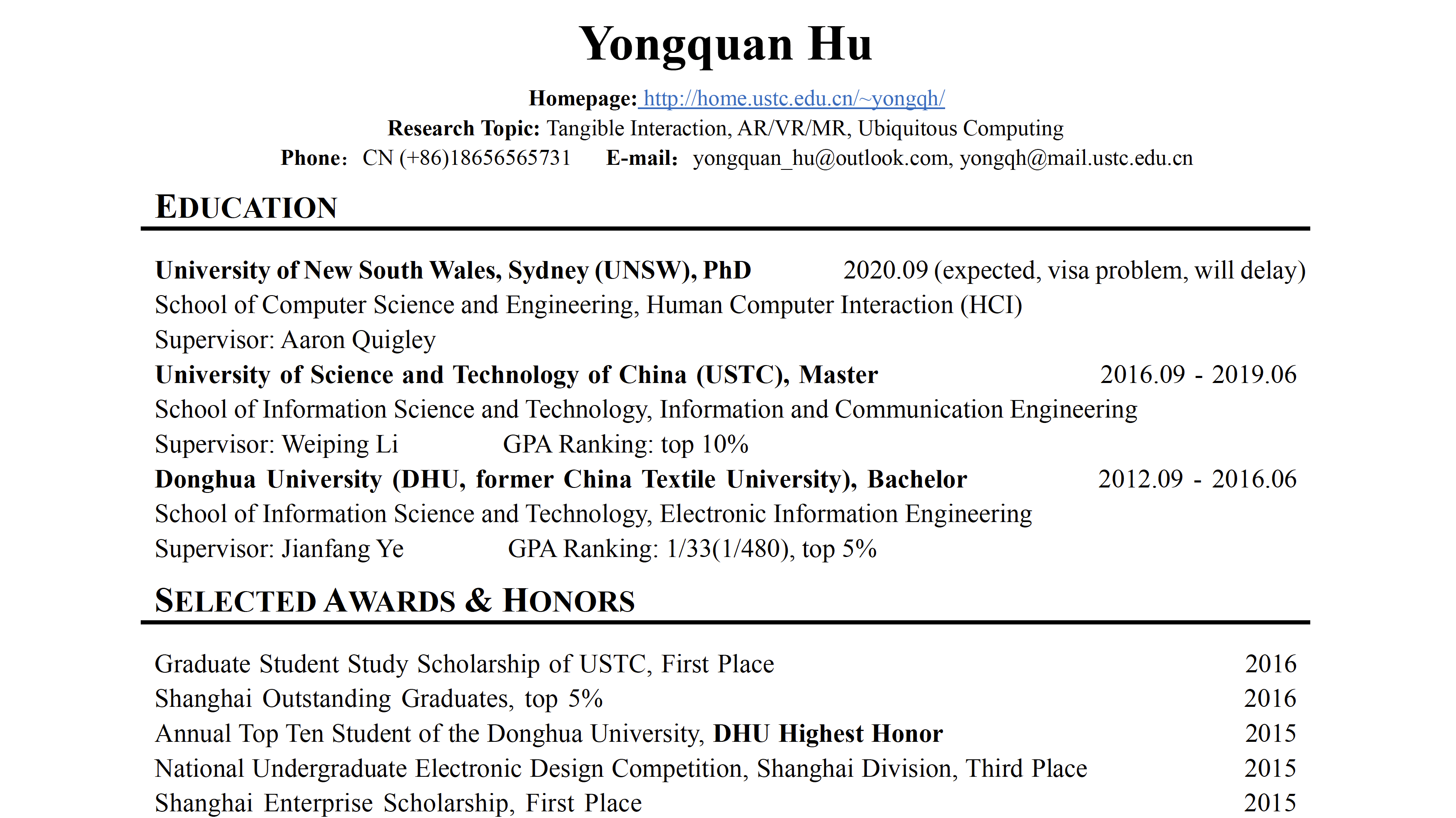 Yongquan Hu's Resume on Print